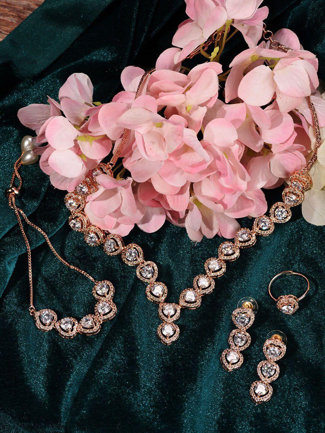 saraf rs jewellery rose gold-toned ad studded minimal heart shaped jewellery set combo