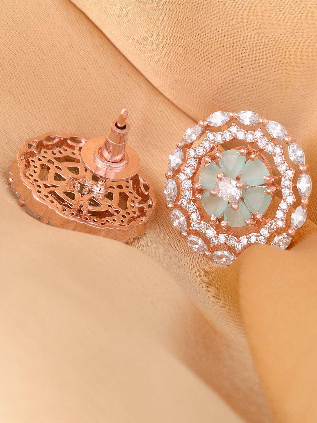 saraf rs jewellery sea green & white rose-gold-plated ad circular studs