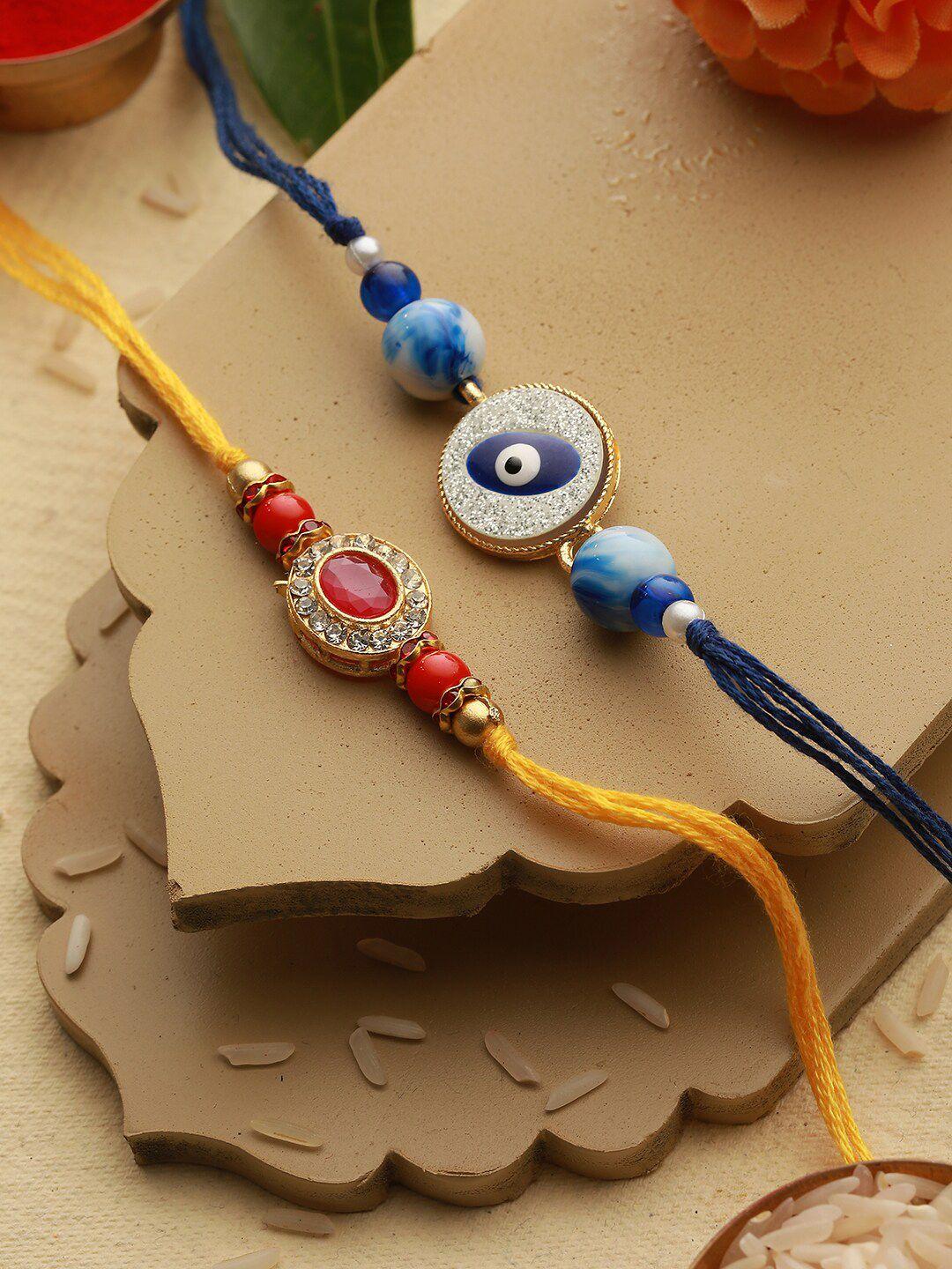 saraf rs jewellery set of 2 evil eye & kundan-studded rakhi with roli chawal