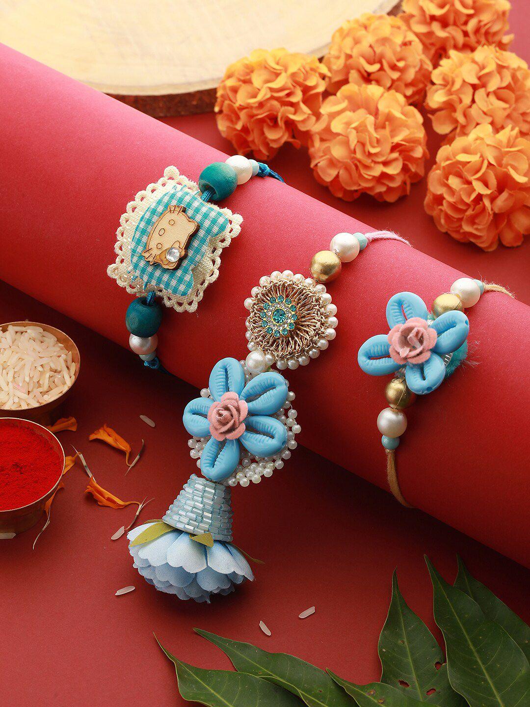 saraf rs jewellery set of 3 shell studded & pearl beaded charm rakhi