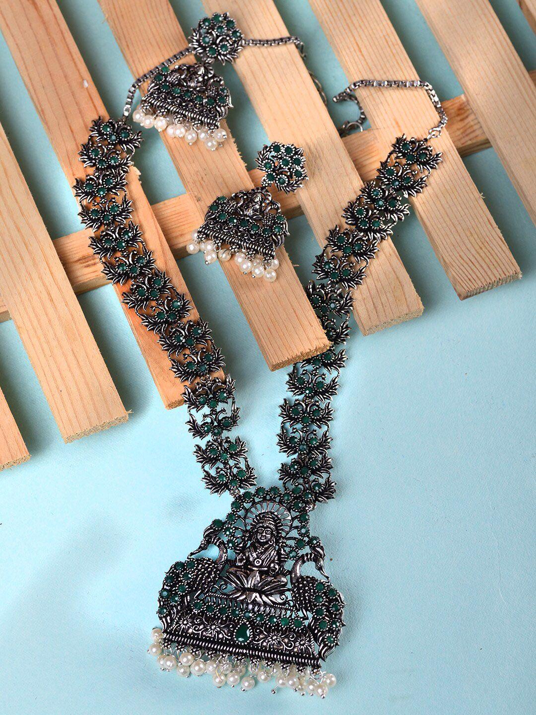 saraf rs jewellery silver-plated stone-studded & beaded oxidised necklace and earrings