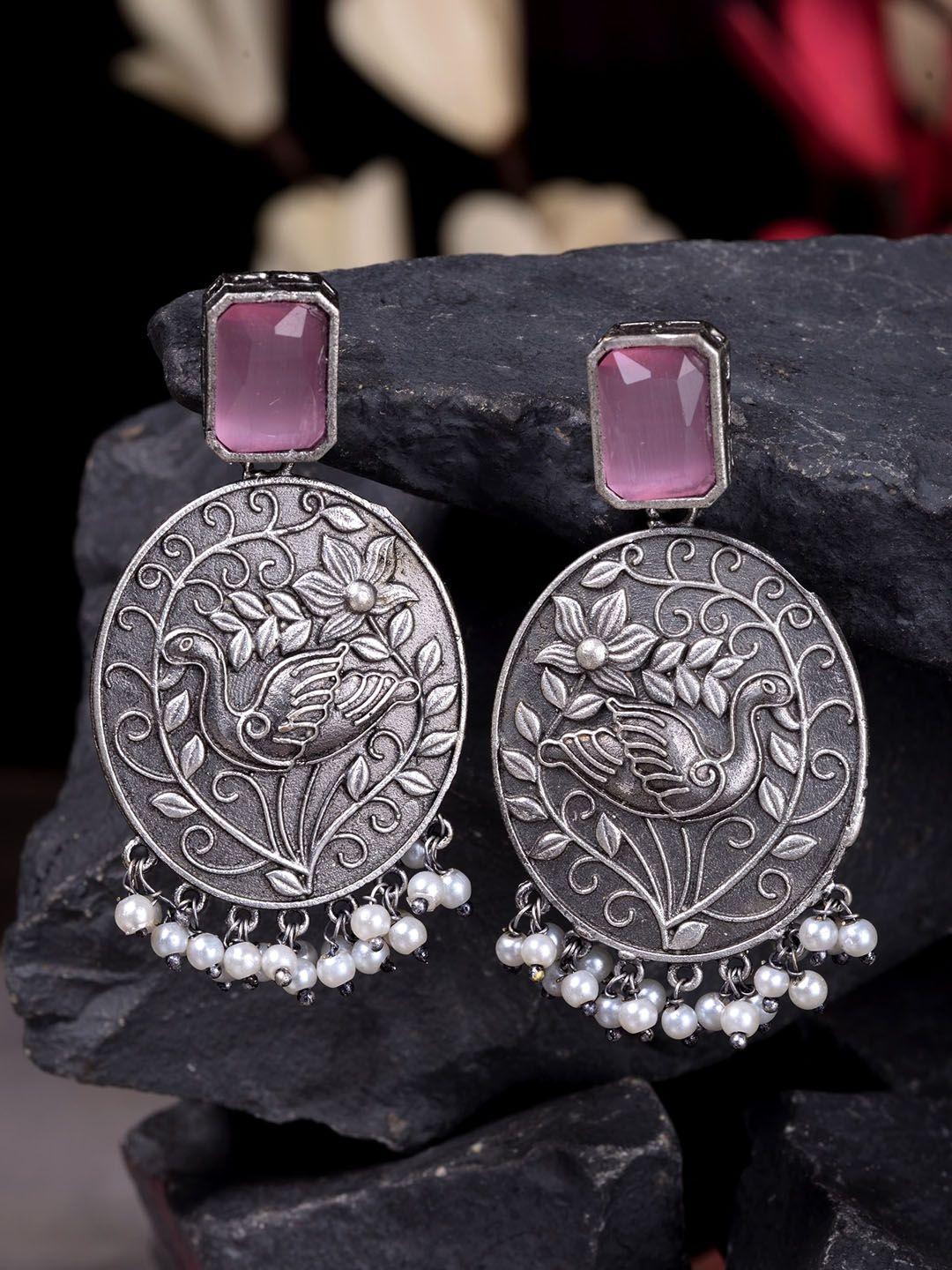 saraf rs jewellery silver-toned & pink oxidised oval drop earrings