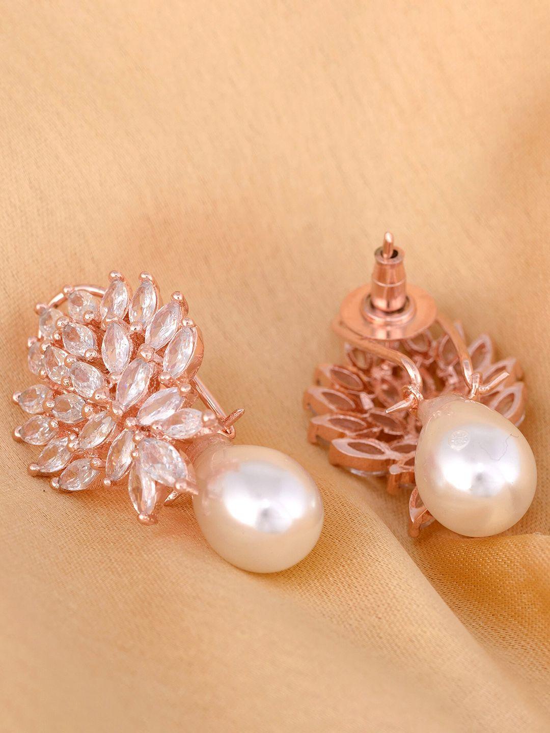 saraf rs jewellery white & rose gold-plated contemporary drop earrings