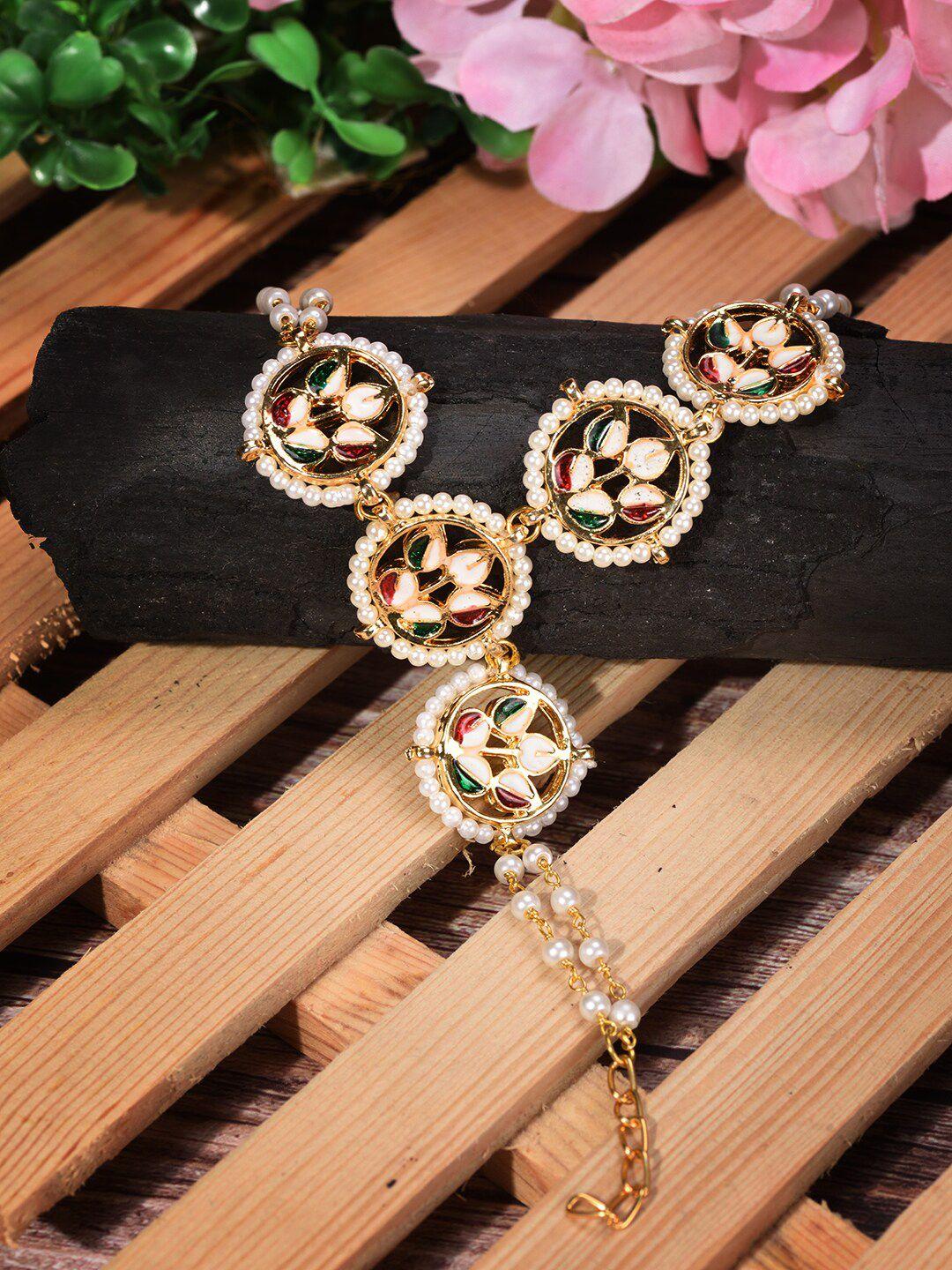 saraf rs jewellery women gold-toned & white kundan handcrafted gold-plated wraparound bracelet