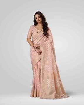 sarah idhika cotton saree, peach pink  colour, abstract pattern, unstitched blouse saree