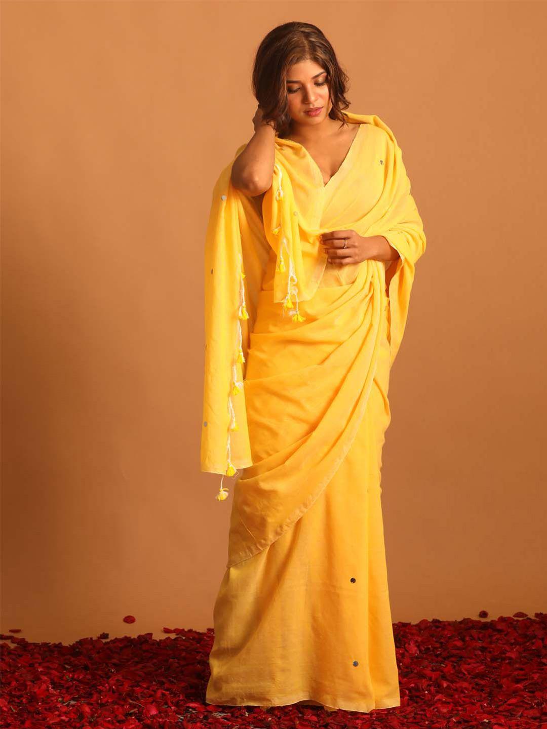 saranee yellow sequin embellished pure cotton jamdani saree
