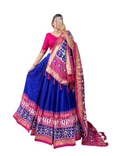 sarathybiz women's navratri collection 2023 dolla silk lehenga choli patola print with foil work with blouse solid (blue)