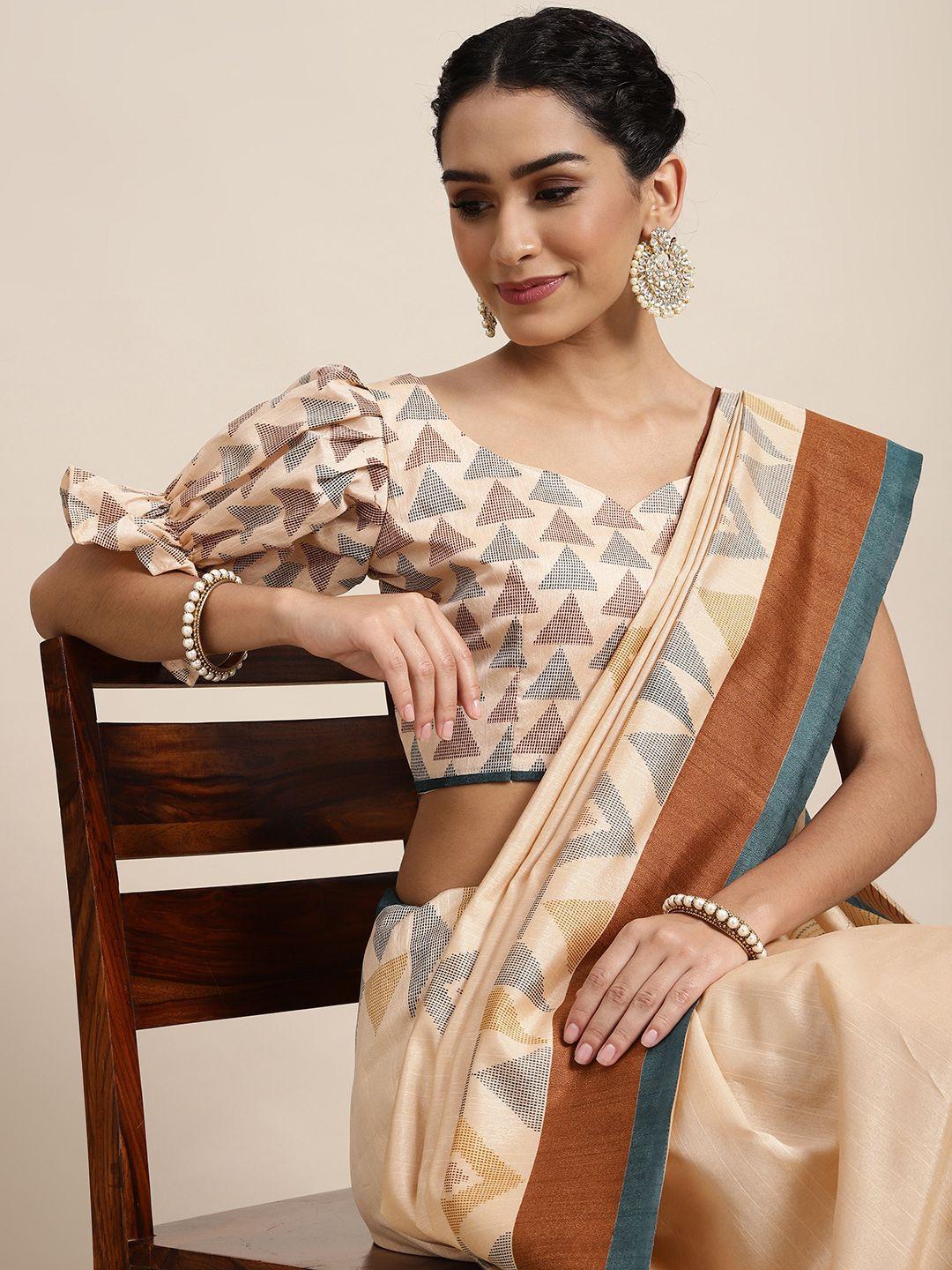 saree mall beige & brown geometric printed taant sarees