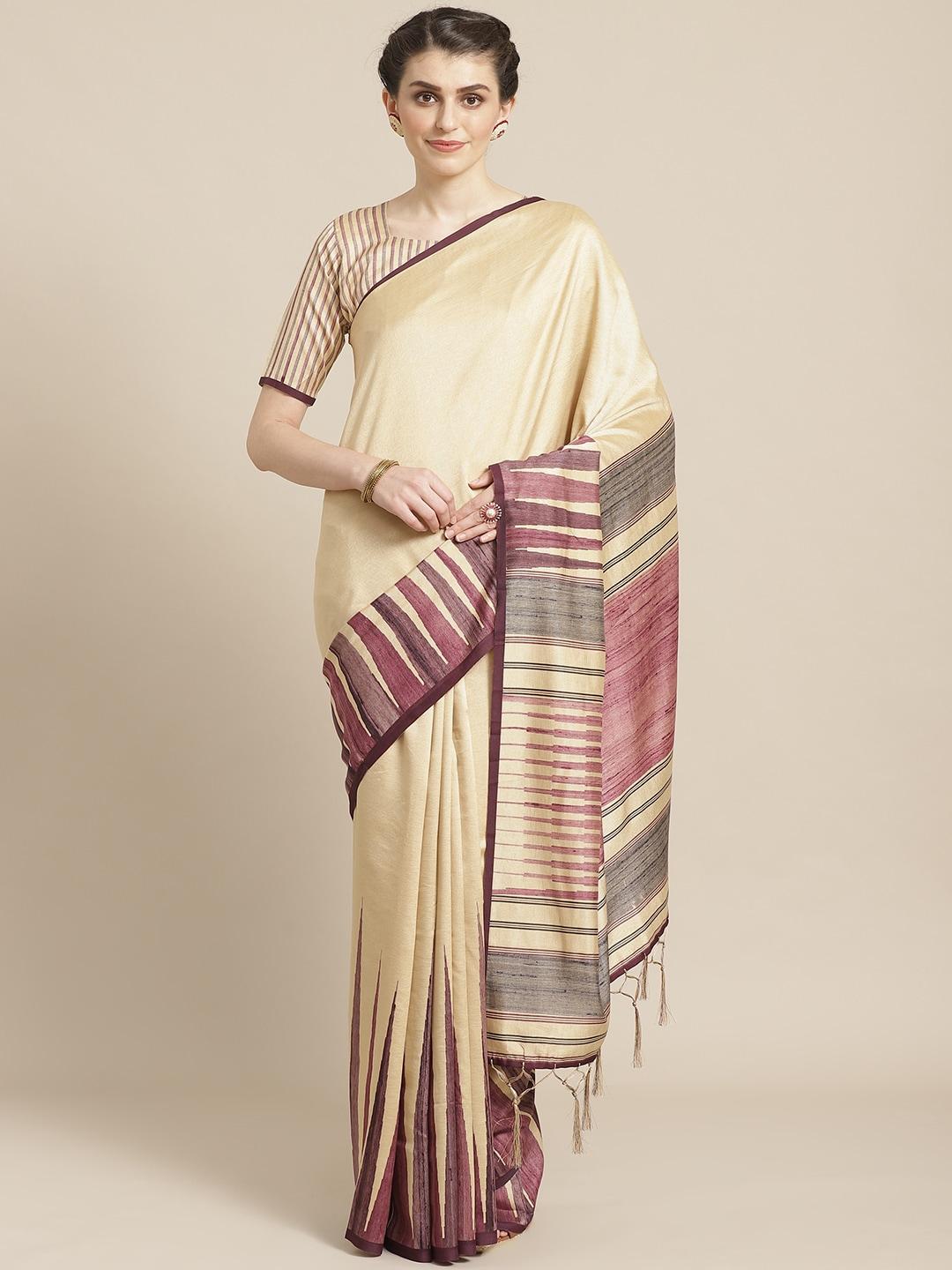 saree mall beige & burgundy solid bhagalpuri saree