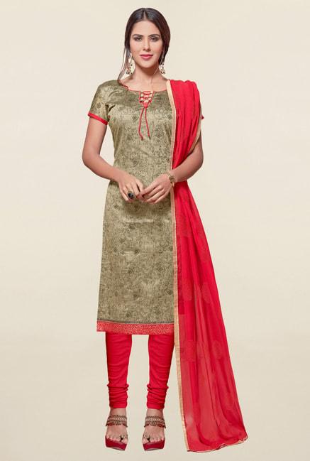 saree mall beige & coral printed cotton dress material