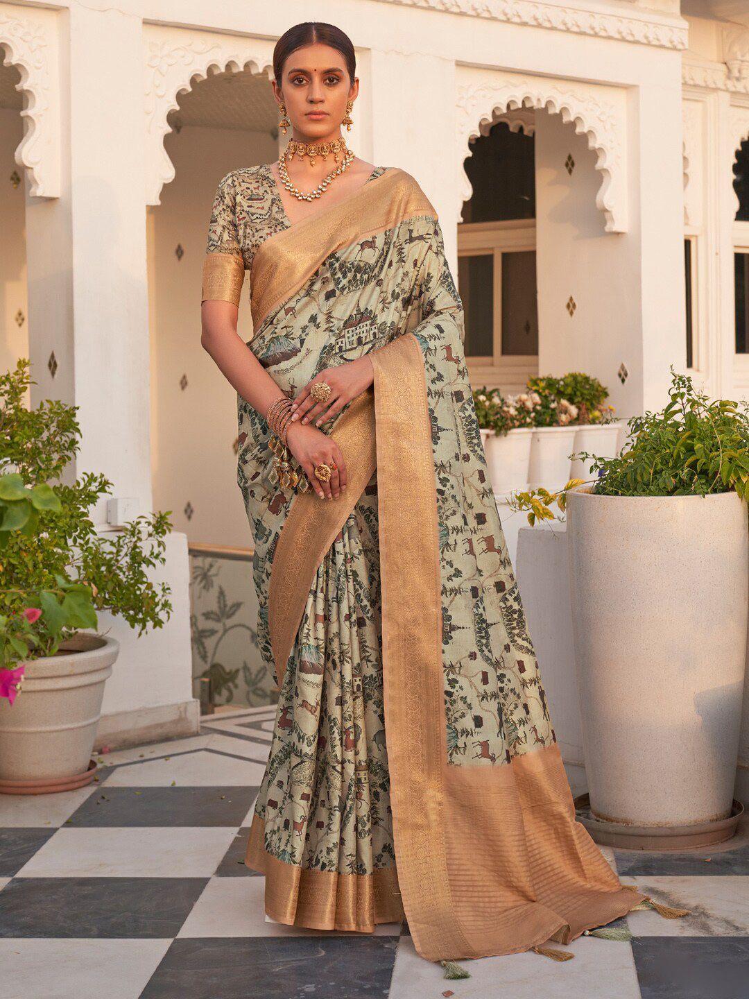 saree mall beige & green floral printed zari pure cotton sungudi sarees