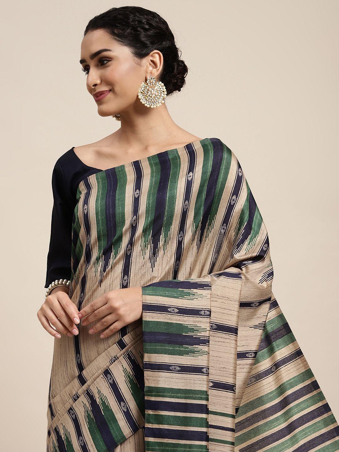 saree mall beige & navy blue geometric printed taant sarees