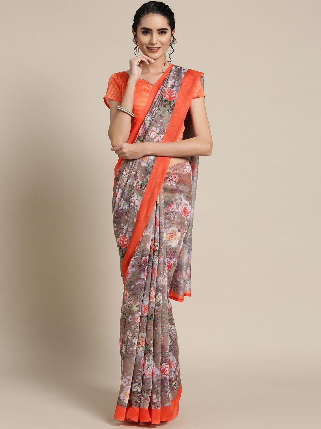 saree mall beige & orange floral print saree