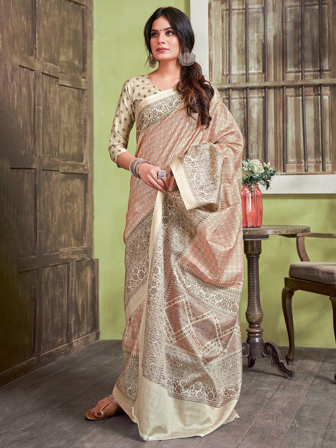 saree mall beige & red silk cotton bagru sarees
