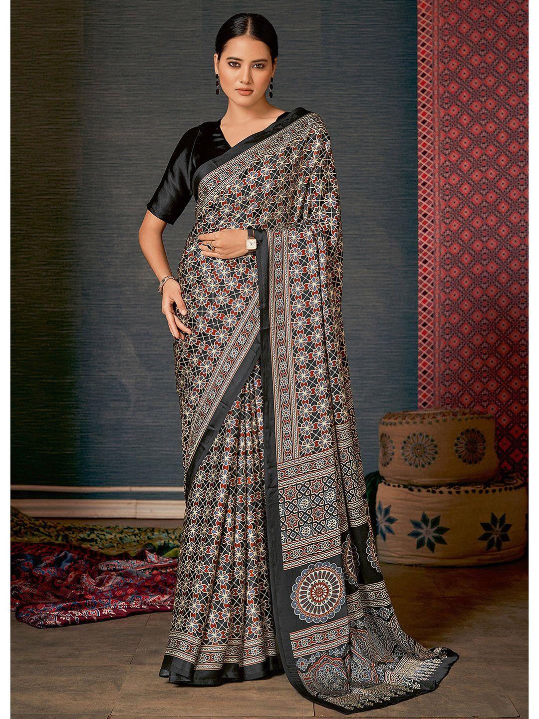 saree mall black & off white ajrak printed pure crepe block print saree