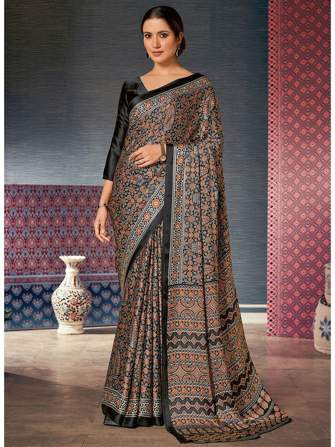 saree mall black & red ethnic motifs block print saree