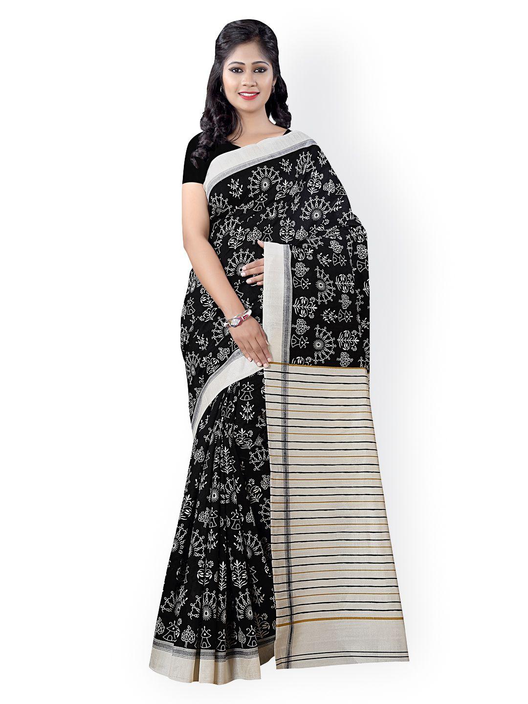 saree mall black & white bhagalpuri art silk printed saree
