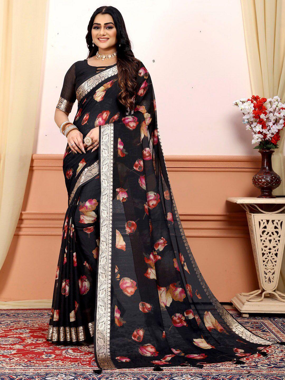 saree mall black floral printed zari detailed pure georgette sungudi saree