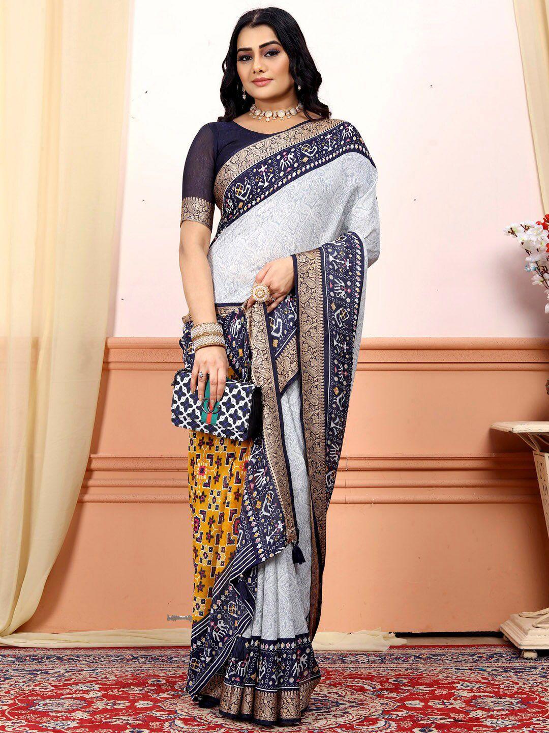 saree mall blue & white ethnic motifs printed pure georgette zari patola sarees