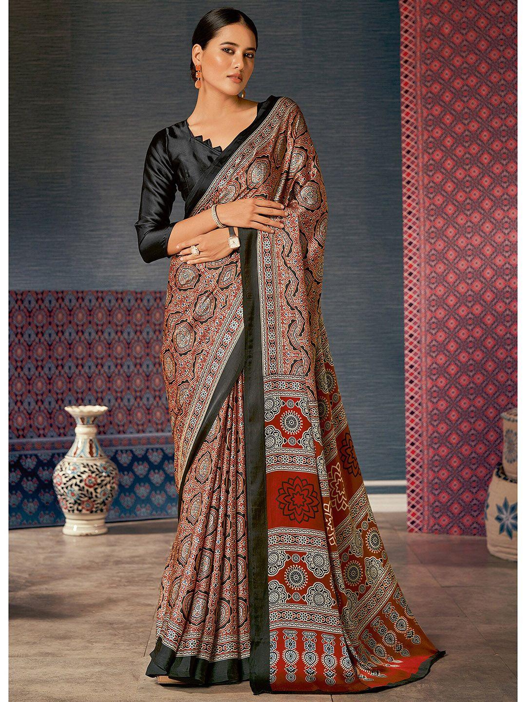 saree mall brown & black ajrak printed pure crepe block print saree