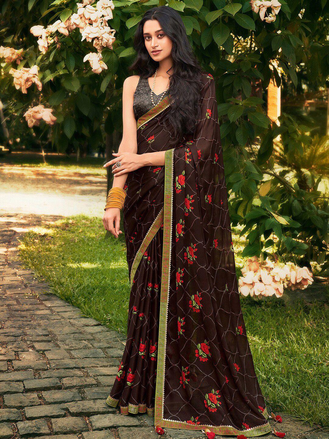 saree mall brown & red floral embroidered pure chiffon sarees