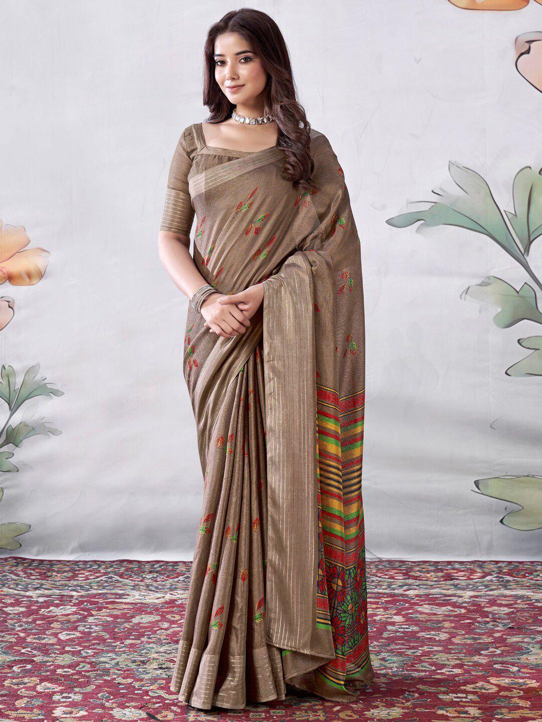 saree mall brown & red floral printed jute silk bagru sarees