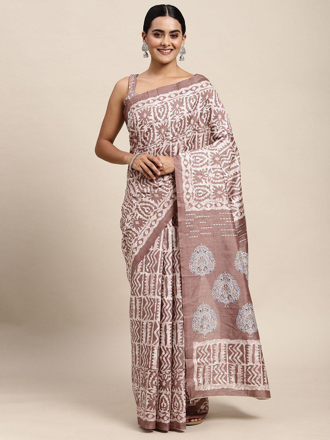 saree mall brown & white ethnic motifs printed bhagalpuri sarees
