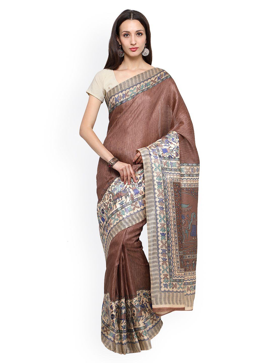 saree mall brown art silk printed khadi saree
