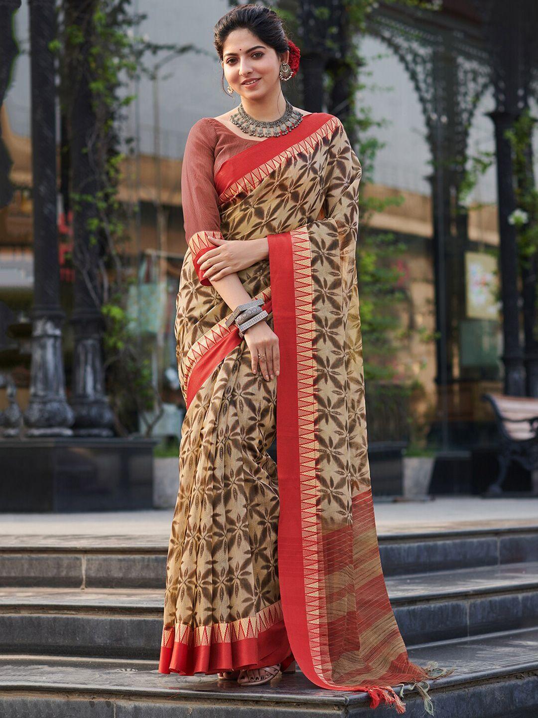 saree mall cream-coloured & red floral linen blend block print sarees