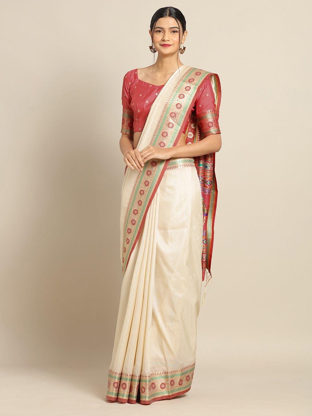 saree mall cream-coloured silk blend solid banarasi saree