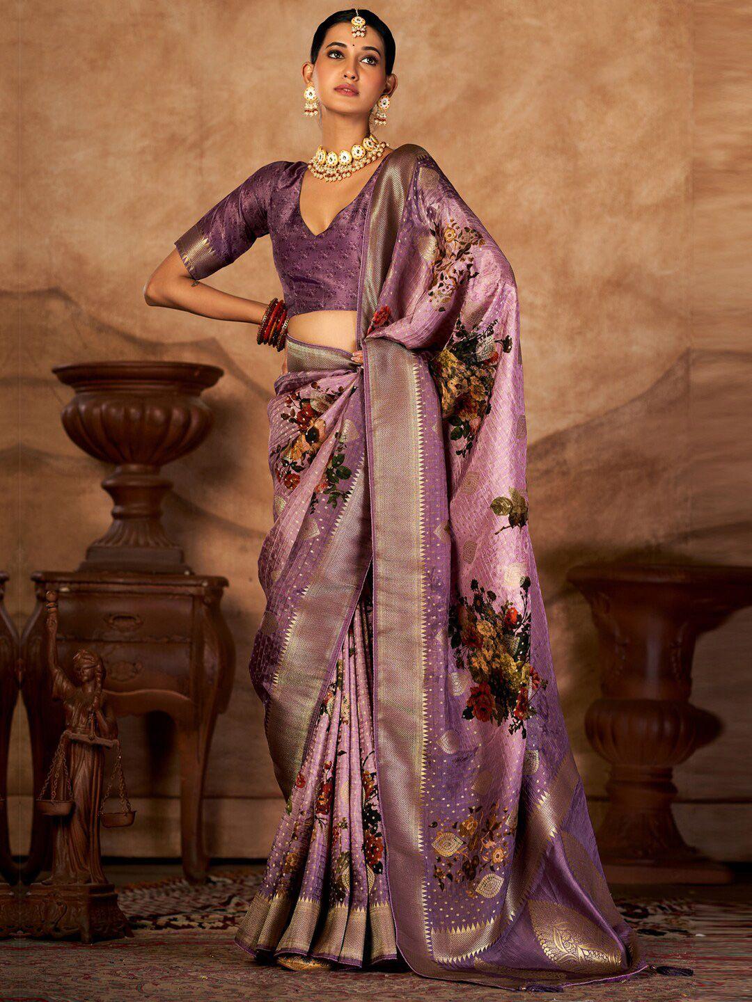 saree mall floral printed zari silk blend bandhani sarees