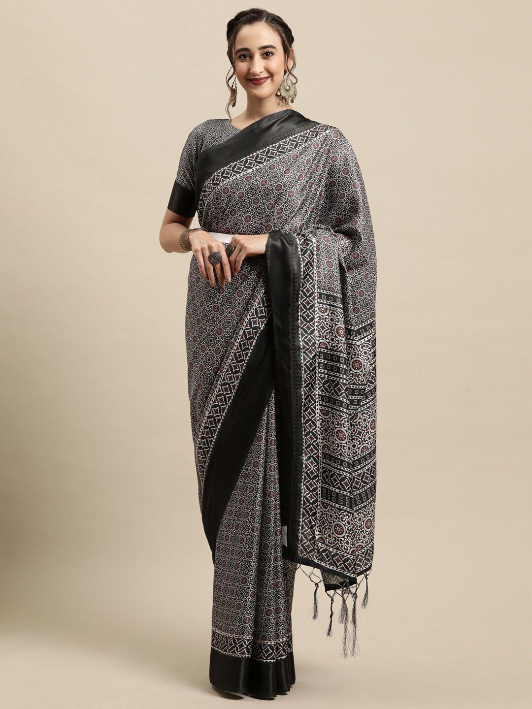 saree mall grey & black manipuri ethnic motifs printed silk blend saree