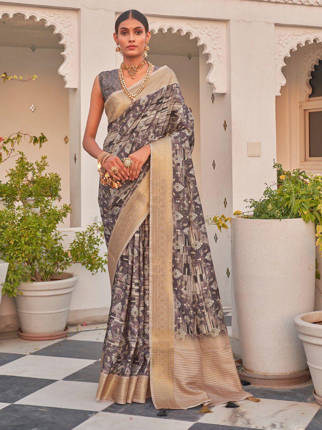 saree mall grey & gold-toned floral printed zari pure cotton sungudi saree