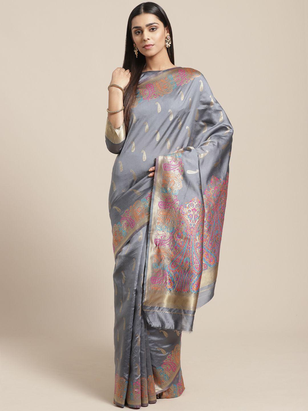 saree mall grey & golden woven design banarasi saree