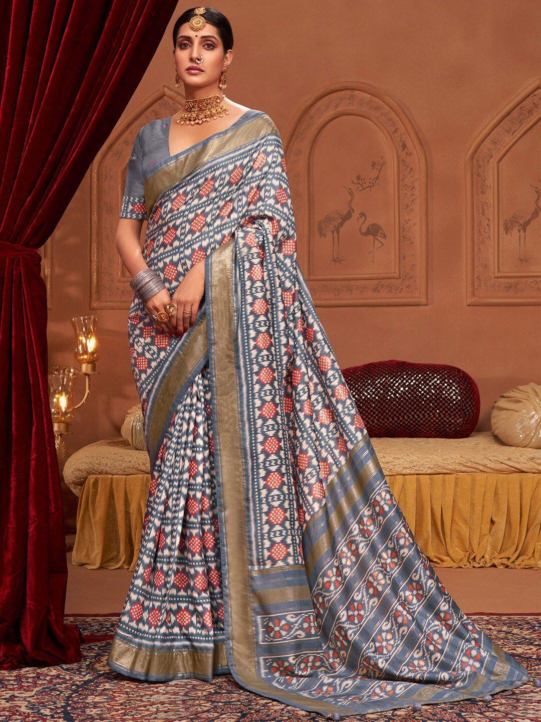 saree mall grey & red ethnic motifs printed zari sarees