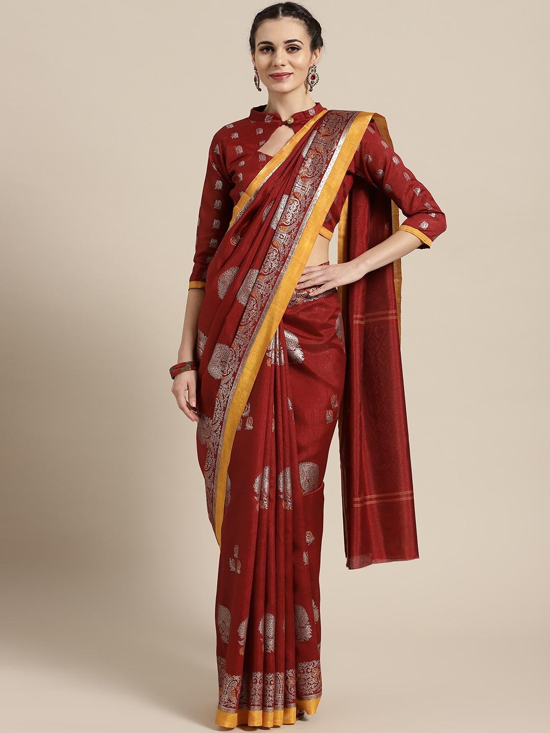 saree mall maroon & golden printed banarasi saree