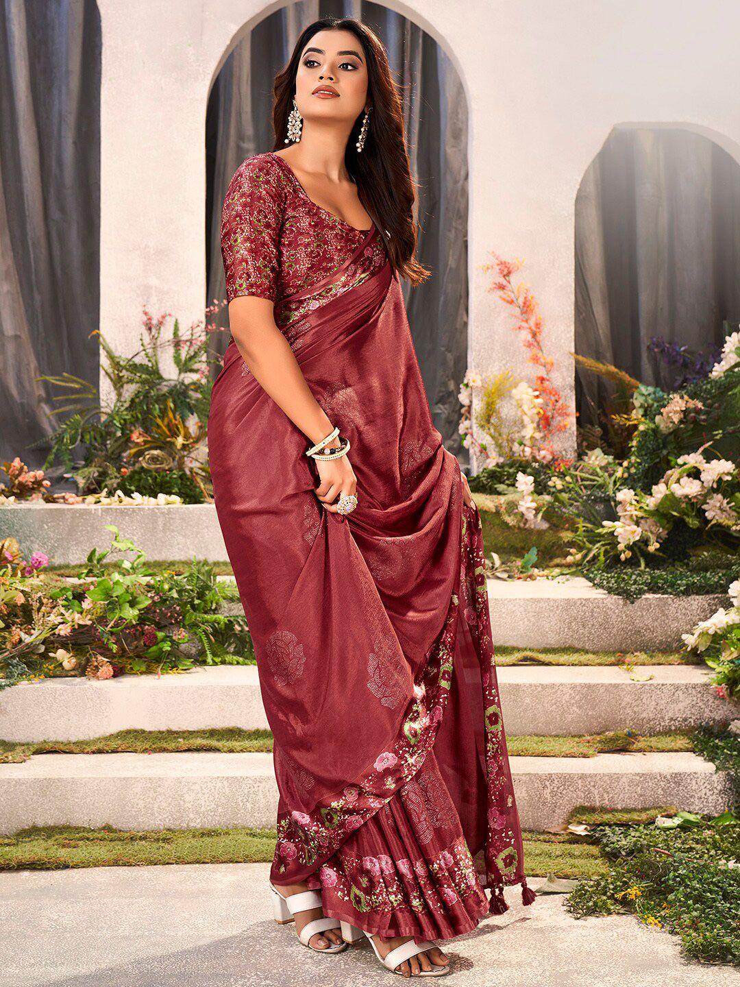 saree mall maroon floral pure chiffon designer sarees
