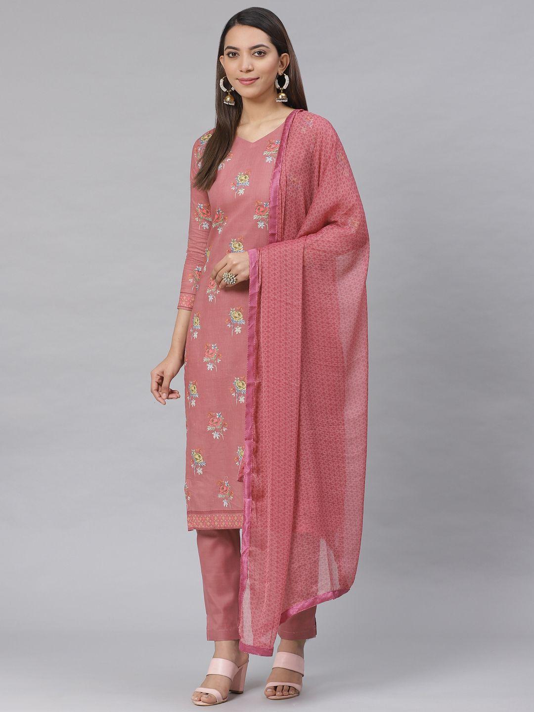 saree mall mauve floral print semi-stitched dress material