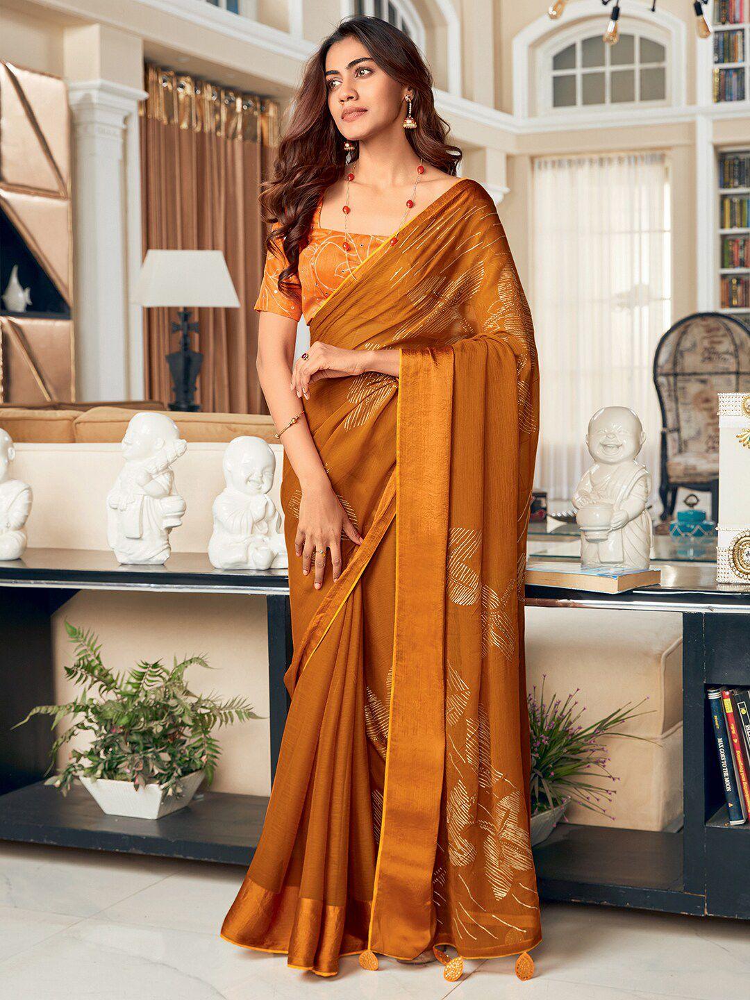 saree mall mustard & gold-toned floral printed silk blend sarees