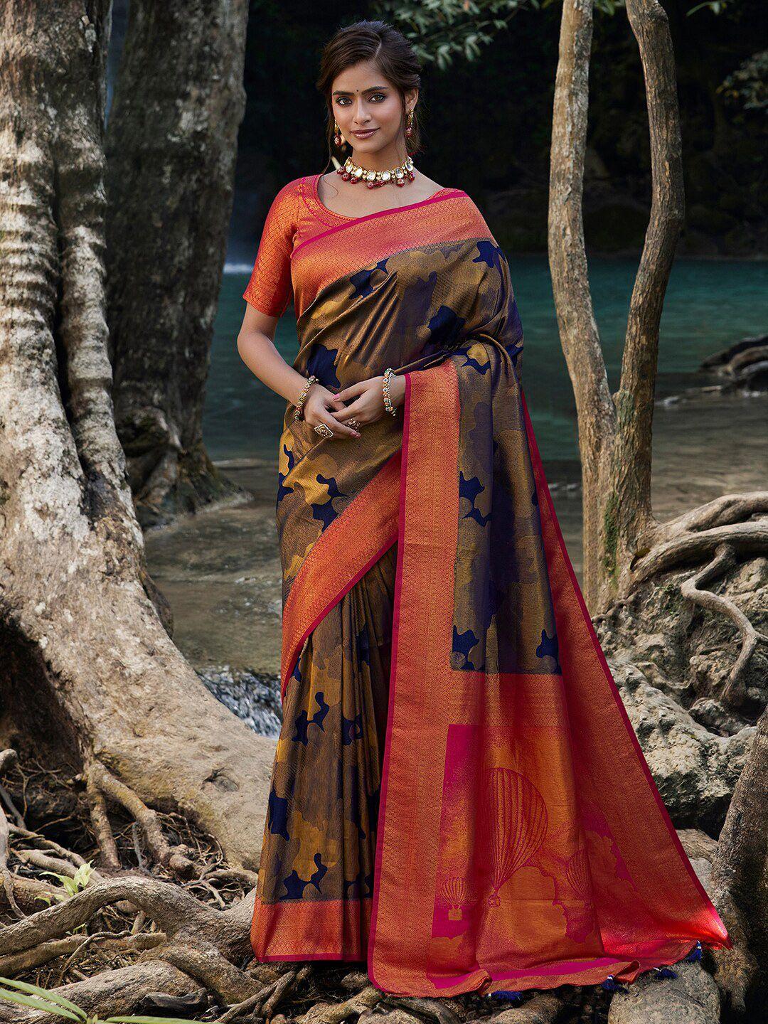 saree mall navy blue & red abstract woven design zari banarasi saree