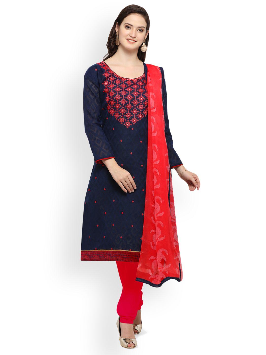 saree mall navy blue & red cotton blend unstitched dress material