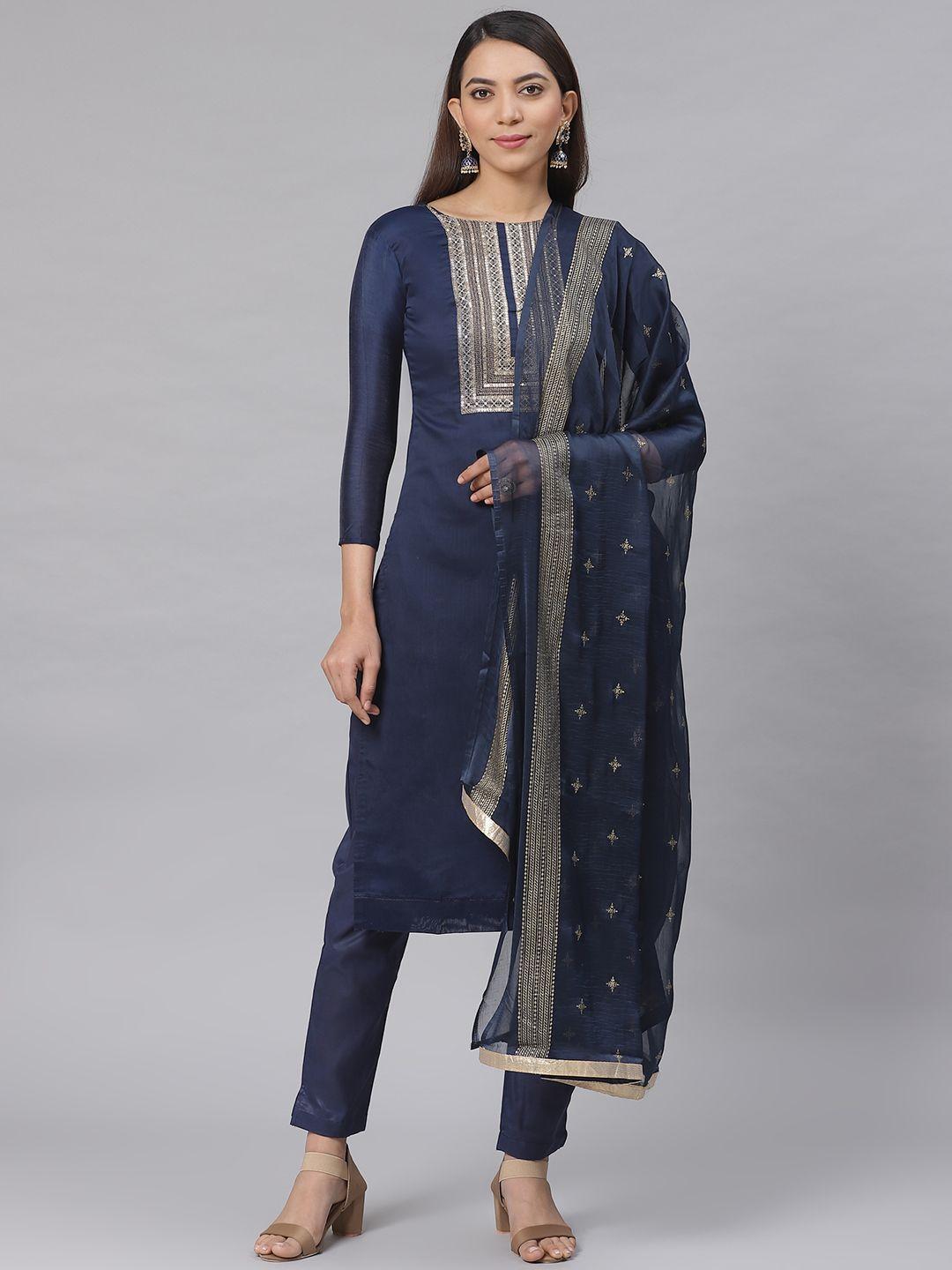 saree mall navy blue solid semi-stitched dress material