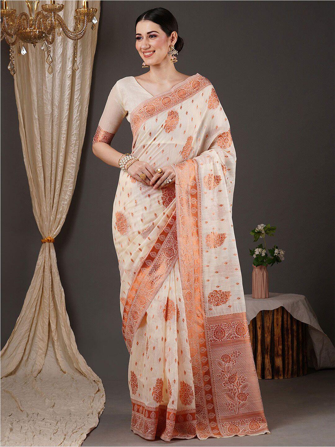 saree mall off white & copper-toned floral woven design zari banarasi sarees