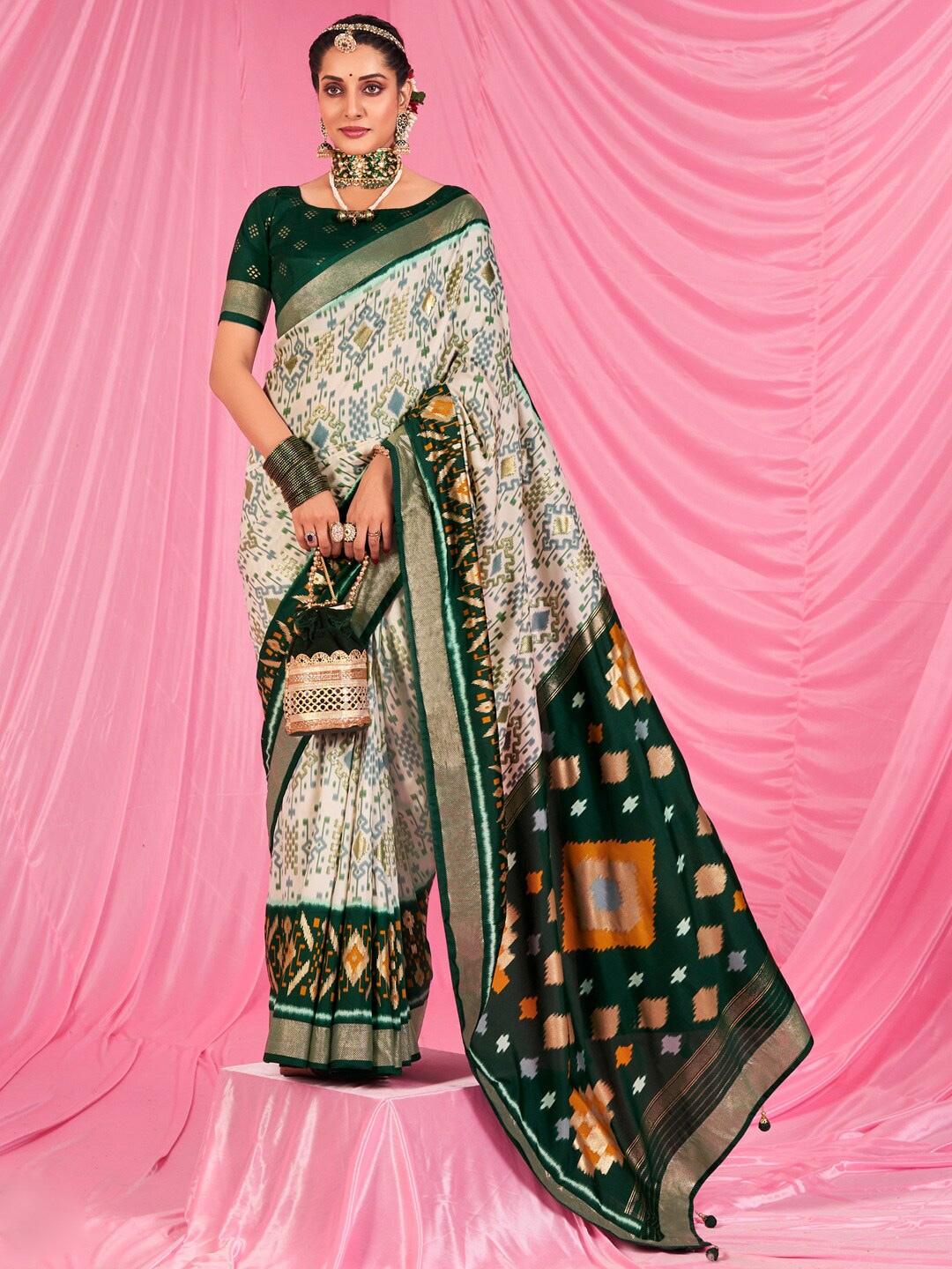 saree mall off white & green ethnic motifs zari sarees