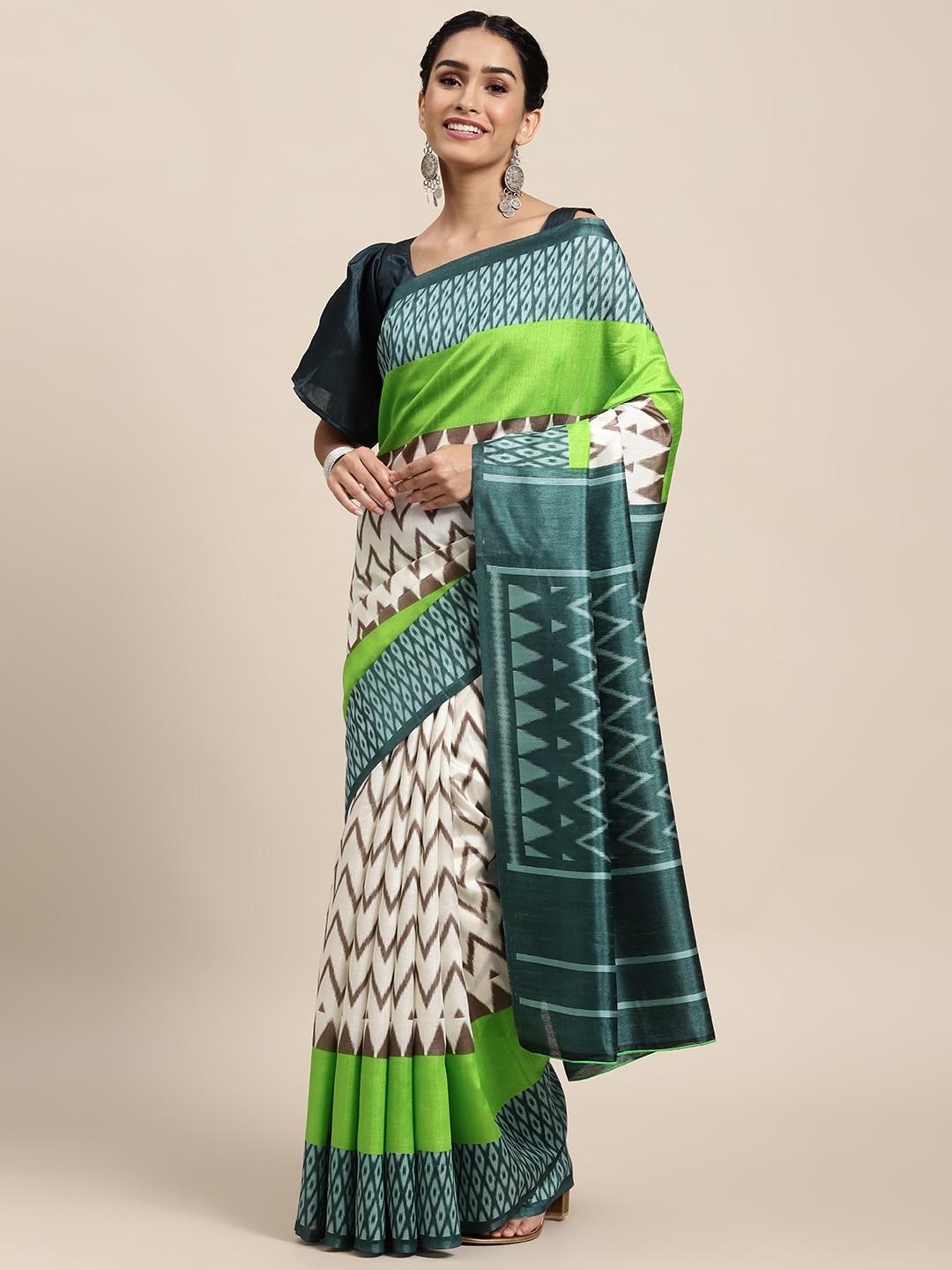 saree mall off white & green geometric printed sarees