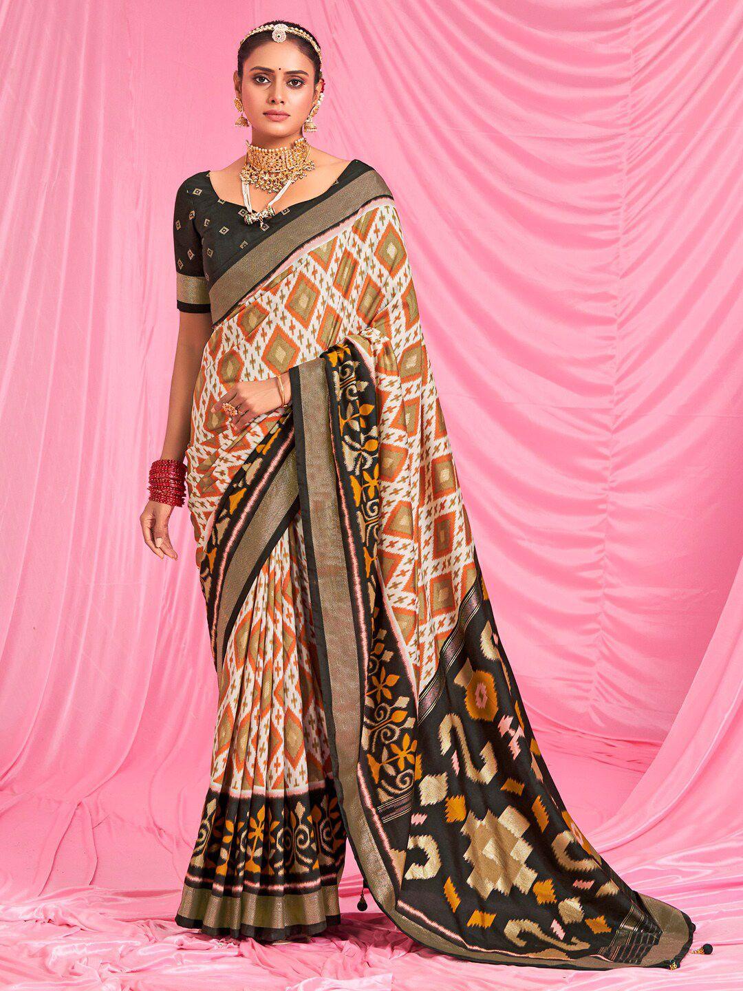 saree mall off white & orange geometric printed zari sarees