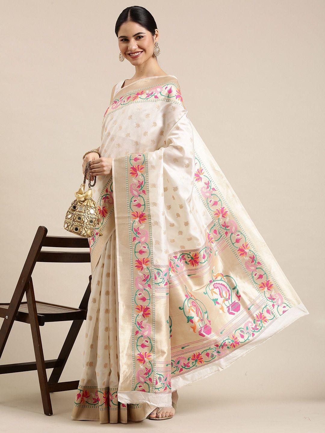 saree mall off white solid silk blend banarasi sarees