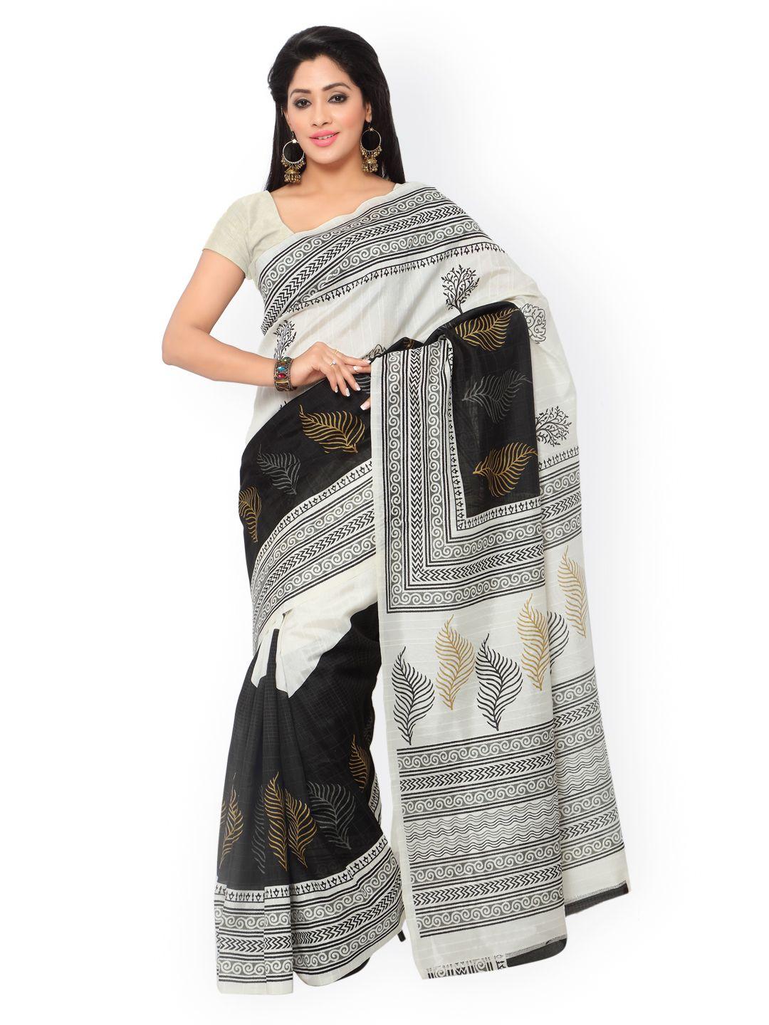 saree mall off-white & black art silk printed saree