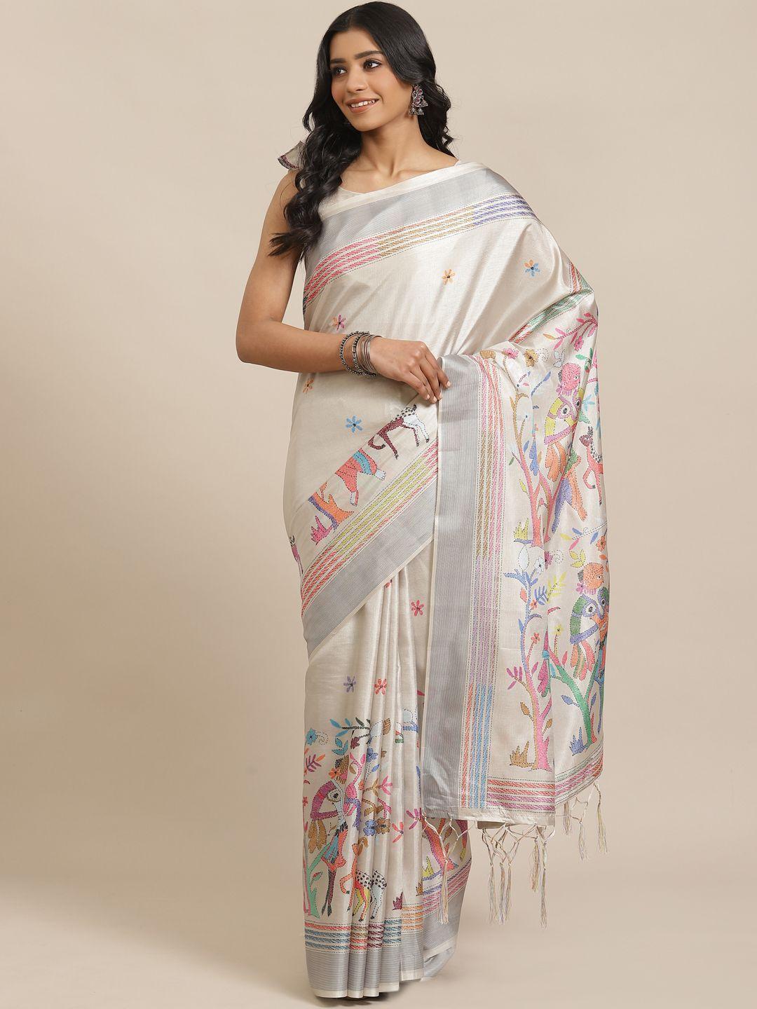 saree mall off-white & blue printed saree