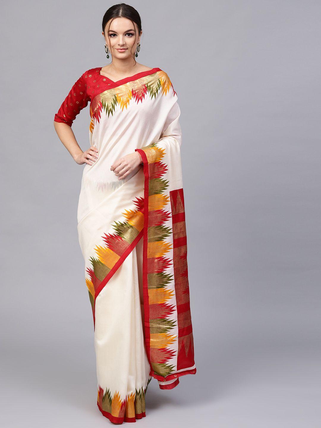saree mall off-white & red printed kasavu saree